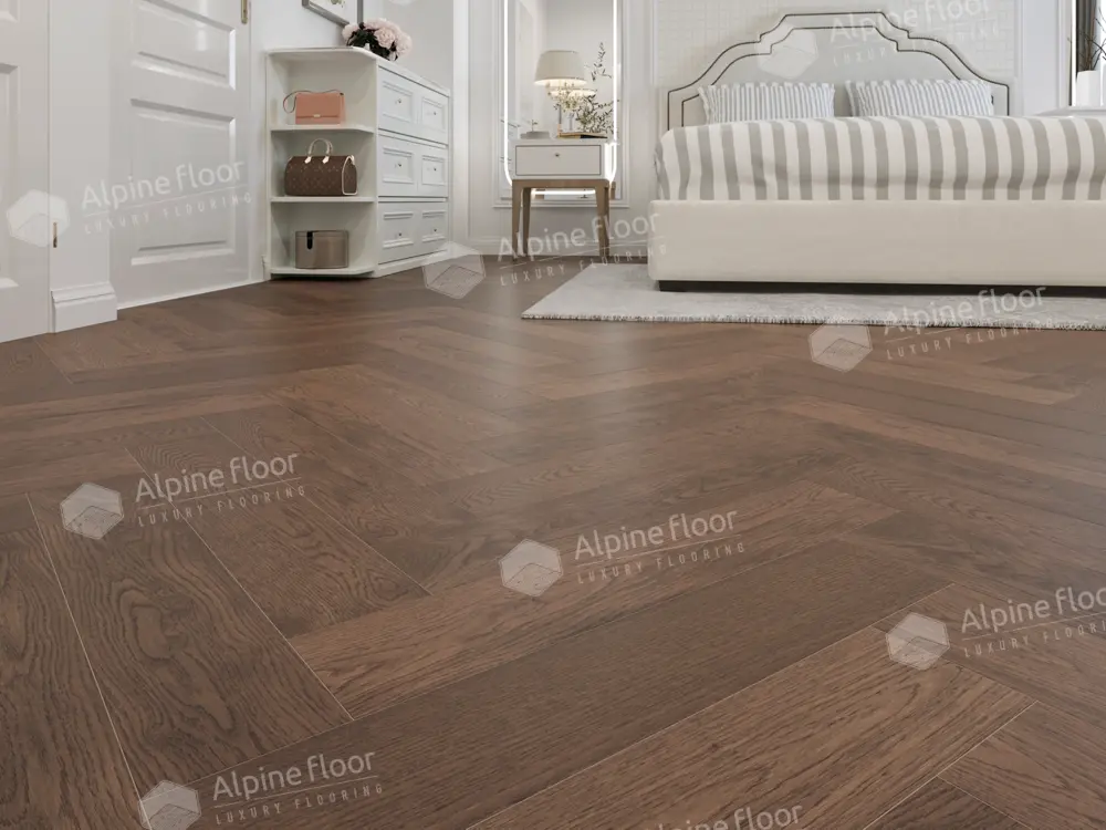 Инженерная доска Alpine Floor Castle Дуб Браун Стори EW202-09 венгерская елка 600×120×12 фото в интерьере